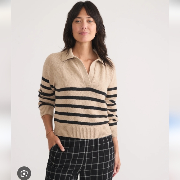 Marine Layer Claire Relaxed Polo Tan Stripe Sweater Size L - Picture 1 of 8